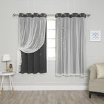 Best Home Fashion Tulle Overlay Star Cut Out Blackout Curtains - Stainless Steel Grommet Top - Dark Grey - 52" W x 63" L (Set of 2 Panels)