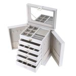 SortWise Large Leather Jewelry Box Table Top Jewelry Chest 6 Layers And Removeable Drawers (White)