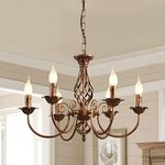 JIINOO Traditional Country Style Chandelier, Bronze Vintage Height Adjustable Wrought Iron Candlestick, 6 Lights Ceiling Lamp Farmhouse Pendant Lamp for Living Room Kitchen Dining Room