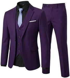 YND Men's Slim Fit 3 Piece Suit Set with Stretch Fabric, One Button Blazer Vest Pants, Solid Party Wedding Dress, Jacket Waistcoat and Trousers with Tie Deep Purple