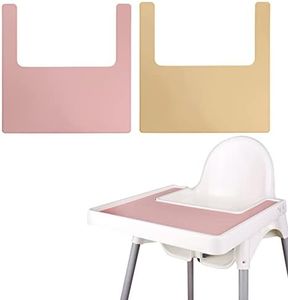 High Chair Placemat, Long Lasting High Chair Placemat Silicone, 2-Piece Set, Can Be Used Interchangeably, Suitable for IKEA Antilop Highchai, for Toddlers and Babies (Pink/Khaki)