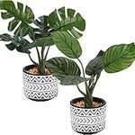 Artificial Plants in Boho Style Ceramic Pot, 2 Packs of 7" Tall Faux Potted Plants in Pot with Monstera and Palm Trees, Small Fake Plants with Pot for Indoor Home Office Bathroom Table Desk Decor