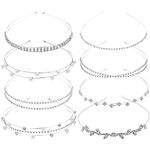 8 Pack Rhinestone Pearl Glitter Sparkly Fancy Silver Metal Headbands Double Hair Bands Slim Thin Skinny Hard Hair Bands Crown Tiara Hair Holder Headpieces for Women Girls