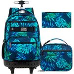 3PCS Rolling Backpack for Boys Men, Travel Roller Backpacks with Wheels for Adults, Teens College Leaf Wheeled Bookbag with Lunch Box(Green)