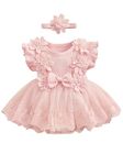 ZZLBUF Newborn Infant Baby Girl Summer Clothes Set Flower Lace Ruffle Sleeveless Tutu Romper Dress Headband 2Pcs Outfits (3D Flower Lace Pink, 0-3 Months)