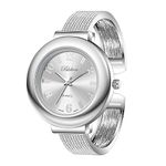 Blekon Collections Womens 37mm Case Arabic Numerals Analog Display Mesh Textured Cuff Bangle Ladies Wrist Watch, White/Silver, Open Bracelet Cuff Watch