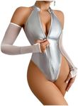 OYOANGLE Women's One Piece Bodysuits Zipper Up Sleeveless Pu Leather Halter Bodysuit Tops with Arm Sleeves Silver Medium