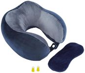 Amazon Basics Memory Foam Premium Travel Neck Pillow + Sleeping Eye Mask + Noise Isolating Ear Plugs Combo| Extra Comfortable | Super Soft Velvet Fabric I Blue & Grey