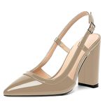 AMBELIGHT Women Block Slingback Patent Performance Sexy Pointed Toe Buckle 4 Inch High Heel Court Shoes Beige Size 10.5