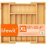 Lifewit Large Cutlery Drawer Organizer, Expandable 13" to 22.4" Utensil Holder for Kitchen, Bamboo Flatware and Silverware Tray, Wood Adjustable Storage for Spoons Forks Knives, Natural