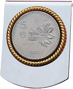 1980 Mexico 5 Pesos Coin Stainless Steel Large Money Clip NEW - Aztec Sculpture of Feathered Serpent God Quetzalcoatl