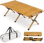 Costway Folding Camping Table, Portable Roll-up Picnic Table, 100% Natural Bamboo, Waterproof & Easy to Clean Top, Egg Roll Table W/Carry Bag for BBQ Backyard Patio Party (Natural)