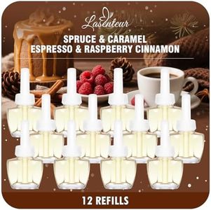 Plug In Air Freshener Refills 12 Pack – Spruce, Caramel, Espresso & Raspberry Cinnamon Scents – Adjustable Fragrance for Rooms & Bathrooms – Compatible with Air Wick & Compatible with Glade