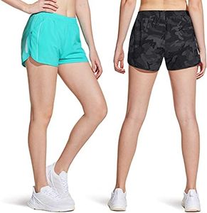 ATHLIO 2 Pack Women's Running Shorts with Pockets, Dry Fit Exercise Workout Shorts, Jogging Sports Athletic Shorts Mesh Liner AO-CFS20-TCK Large