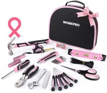 WORKPRO Pink Tool Kit - Hand Tool Set with Easy Carrying Round Pouch - Durable, Long Lasting Chrome Finish Tools - Household Tool Kit Perfect for DIY, Home Maintenance - Pink Ribbon