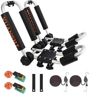 Upgraded Heavy Duty Aluminum Folding J-Bar Rack, Kayak Carrier for Canoe Boat SUP Ski, Mount on Car Roof Top Crossbar, Includes 4 Ratchet Straps, 2 Anchor Straps (2 Pack,Aluminum)