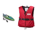 Intex Challenger K1 Kayak 1 Man Inflatable Canoe with Aluminum Oars and Hand Pump, Green/Blue & Helly Hansen Sport II Buoyancy Aid Unisex Red/Ebony 70/90