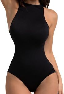 GOLD CARP Women Shaping Bodysuit Tummy Control Shapewear Sleeveless Body Shaper Seamless Sculpting Halter Neck Top Leotard,Black-briefs,XL