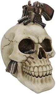 Ebros Gift Western Cowboy Sharp Shooter Outlaw Skull with Revolver Pistol Gun and Bullets Figurine 6.75" High Wild West Skeleton Head Statue for Halloween Day of The Dead Spooky Decor