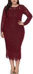 Eternatastic Women's Floral Lace Long Sleeve Plus Size Dress for Christmas Dress Burgundy 6XL