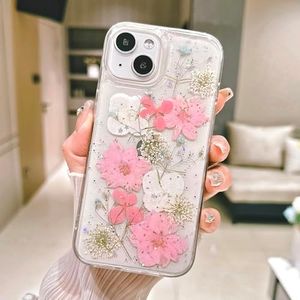 ELEPIK Real Flower Series for iPhone 14 Case Clear, [Handmade Real Flower Design] Glitter Cute Floral Pattern Slim Soft TPU Protective Women Girl's Phone Cover, Pink