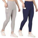 POOJARAN Blue&Grey Women's Gym Wear Tights | Track Pants | Mesh Insert Side Pockets Pant | Ideal for Active Wear Pant | Yoga & Workout Tights | The Ultimate Gym Pants for Women & Girls (Pack of 2)