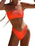 YIMISAN Women's Two Piece Bandeau Swimsuit Ribbed Strapless Tube Bikini Top with Mid Waist Cheeky Bottom Bathing Suit, Orange, Medium