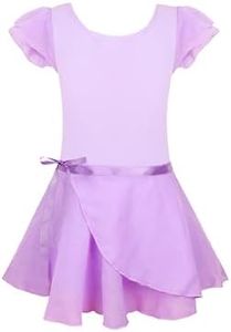 EQSJIU Ballet Leotard With Skirt Big Girls Size 8-9 9-10 Years Old Lavender Purple Cotton Dance Bodysuit Outfit Ruffled Sleeve
