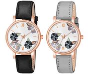 The Shopoholic Analog Flowered Dial Black Grey Colour Leather Strap Combo Watch for Womens and Girls Pack of 2 Watches