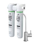 GE Dual Stage Under Sink Water Filtration System with Faucet | Reduces Lead, Chlorine & More | Easy Install | Twist & Lock Design | Replace Filters (FQK2J) Every 6 Months | GXK255TBN