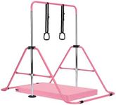 Gymnastics Bar with Mat, Adjustable Kids Gymnastics Equipment for Home, Training Kip Bar with Non-Slip Base, 5 Height Levels 31.5-51.2", Gym Bars for Children, Easy Assembly Design (With Mat, Pink)