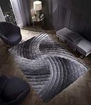 3D SWIRL HEAVYWEIGHT CARVED Shaggy Rug GREY SILVER Ombre Super Plush Extra Large Rugs Living Room with SHIMMERING SPARKLE STRANDS Thick Pile Height Modern Area Rugs (80cm x 150cm (3ft x 5ft))