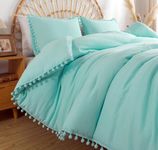 TanNicoor Pom Fringe Duvet Cover Set - 3 Piece Natural Ultra SOFE Color Washed Microfiber Bedding Set, Modern Style Down Comforter Quilt Cover with Zipper Closure(Full, Aqua)