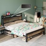 LUXOAK Queen Size Bed Frame, Platform Bed Frame with 2-Tier Storage Headboard and Charging Station/No Box Spring Needed/Noise Free/Industrial/Rustic Grey