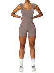 REORIA Sexy Rompers for Women Short Jumpsuits Unitard Shapewear Workout One Piece Sleeveless V Neck Yoga Bodysuits 2024 (Taupe Medium)