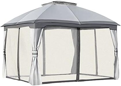 Outsunny 3.7 x 3(m) Metal Gazebo Canopy Party Tent Garden Patio Shelter with Netting Sidewalls & Double Tiered Roof, Grey