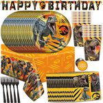 Unique Jurassic World Birthday Party Supplies | Jurassic Park Birthday Party Supplies | Jurassic World Party Supplies Decorations | With Banner, Jurassic World Tablecloth, Jurassic Park Plates, Cups, Napkins, Forks, Button | Serves 16 Guests