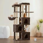 Purrway Multilevel Fur Fabric Cat Tree - Multiple Condos | Hanging Ball | Cat House | Jute Rope Scratching Posts | for Adult Cats & Kittens (28 x 19 x 66 Inches) (Brown - FURR-89)