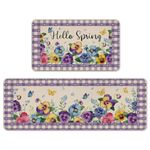 Tailus Hello Spring Floral Flower Kitchen Rugs Set of 2, Pansy Butterfly Purple Plaid Check Farmhouse Kitchen Mats Decor, Love Hearts Floor Door Mat Home Decorations -17x29 and 17x47 Inch