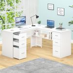 HSH White L Shaped Desk with Drawers Shelves, Large Home Office Corner Computer Desk with Storage File Cabinet, Modern Metal Wood Desk for Executive Writing Study Workstation, 59 Inch Bedroom Table