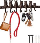 7 Cats Cast Iron Wall Mounted Hanger Rack - Decorative Cast Iron Wall Hook Rack - Vintage Design Hanger with 7 Hooks - Wall Mounted | 12.4 x 3.9” - with Screws and Anchors | Rustic Brown Color