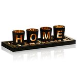 MrMrKura Home Decorative Candle Holder Set, 4 Glass Tea Light Candleholders with Wooden Candle Holders Tray, Natural Pebbles for Home Decor Table Decorations Centerpiece