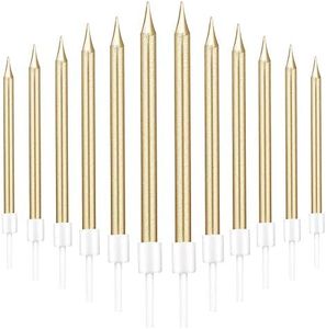 LYTIVAGEN 48 Pezzi Candele per Torta di Compleanno Candeline Cupcake Candele Lunghe Sottili Candele Metalliche Torta con Supporti per Decorazione Festa Nuziale Matrimonio Compleanno (Colore Champagne)