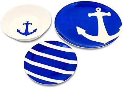 Camco Blue and White Nautical Design 12 Piece Dishware Set- Includes Marine Style Plates and Bowls | Perfect Boating, Sailing, Fishing, The Beach and More | Melamine Material -(41951)