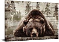 iKNOW FOTO Brown Wall Art Painting Grizzly Bear Prints On Canvas Vintage Forest Wildlife Animal Pictures Wall Art for Home Cabin Decoration Rustic Farmhouse Decor 16x24 Inches