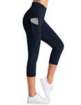 Dragon Fit High Waist Yoga Leggings with 3 Pockets Tummy Control Workout Running Yoga Pants for Women (Medium, Capris Navy Blue)