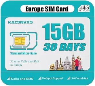 KAISNVXS Prepaid SIM Card for Europe Travel with 15GB of 4G Data, 50 mins Calls and 100 SMS Between Europe Countires with UK Phone Number (Lasts for 30 Days),Tethering Allowed, Plug and Play