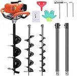 Erweater 62cc Post Hole Digger 2-Stroke Petrol Gas Powered Earth Digger with 2 Extension Rods + 3 Auger Drill Bits (3" 5" & 8") for Farm Garden Plant(62cc)