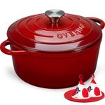 Overmont 28cm/6.6L Enamelled Cast Iron Round Casserole Pot With Lid Cookbook & Cotton Potholders - Non-stick Dutch Oven Cookware for Braising, Stews, Roasting, Bread Baking - Cherry red, 7QT
