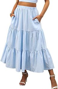 ANRABESS Women’s Summer Boho Flowy Swing Tiered A-Line Midi Skirt 2024 Fashion Trendy Elastic Waist Pleated Long Beach Dress with Pockets Blue Large